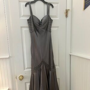 Grey satin beaded prom dress